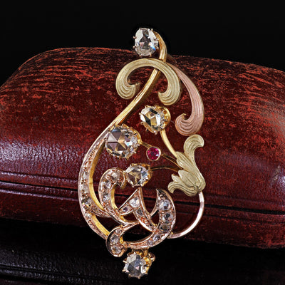 Antique Art Nouveau 14K Yellow Gold Rose Cut Diamond and Ruby Floral Pin Brooch