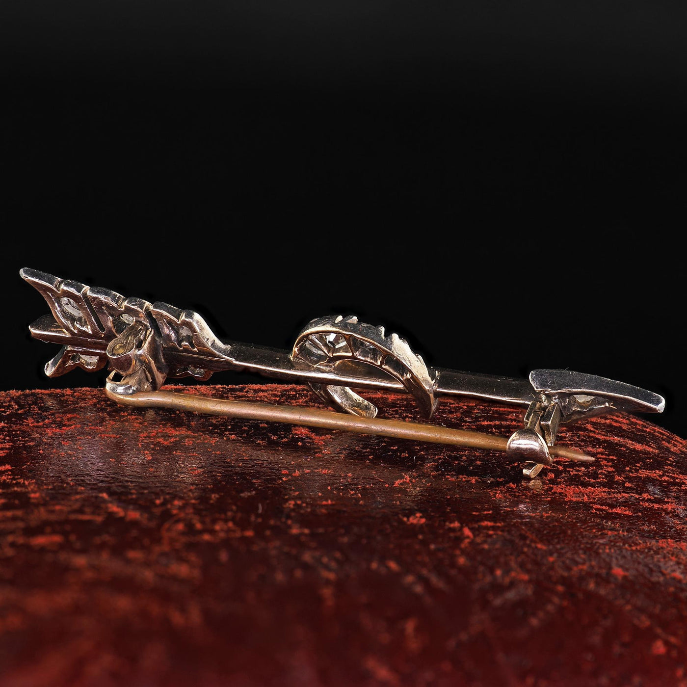 Antique Victorian 14K Gold and Silver Diamond Arrow and Crescent Pin Brooch