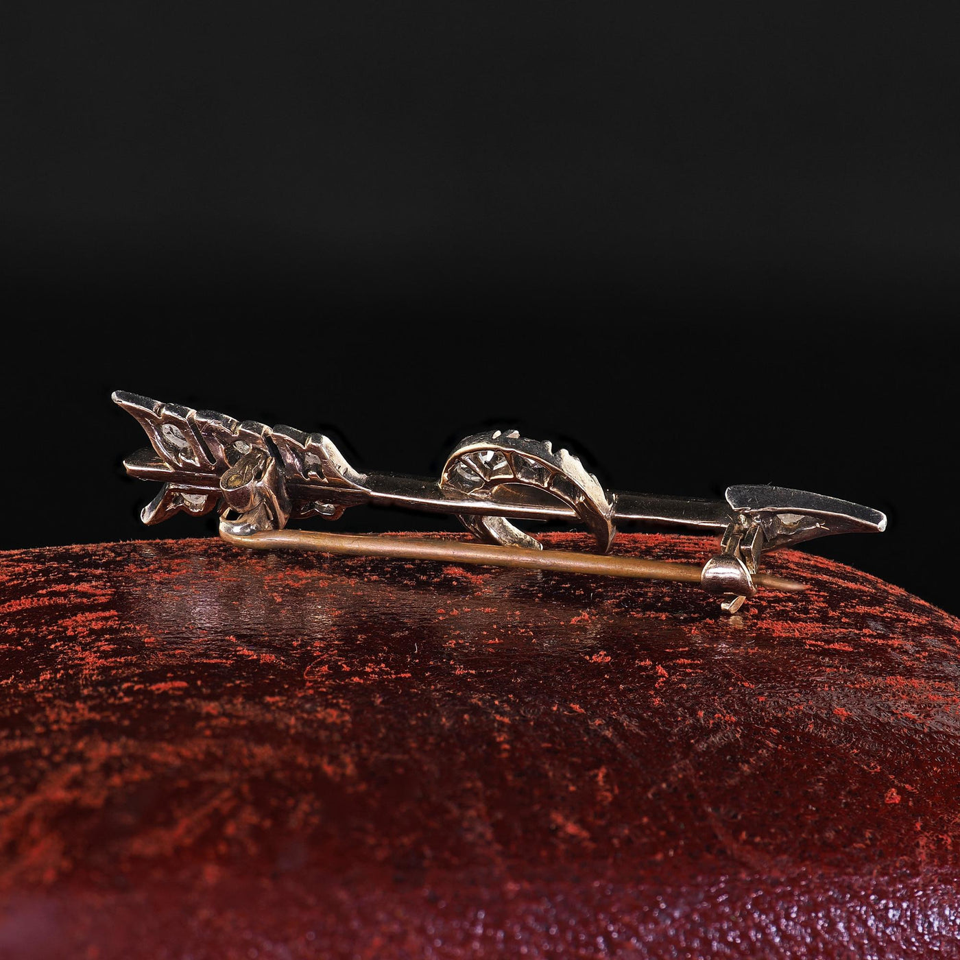 Antique Victorian 14K Gold and Silver Diamond Arrow and Crescent Pin Brooch