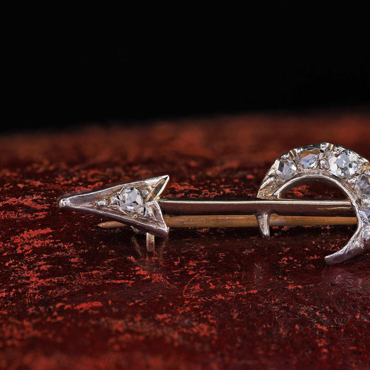 Antique Victorian 14K Gold and Silver Diamond Arrow and Crescent Pin Brooch