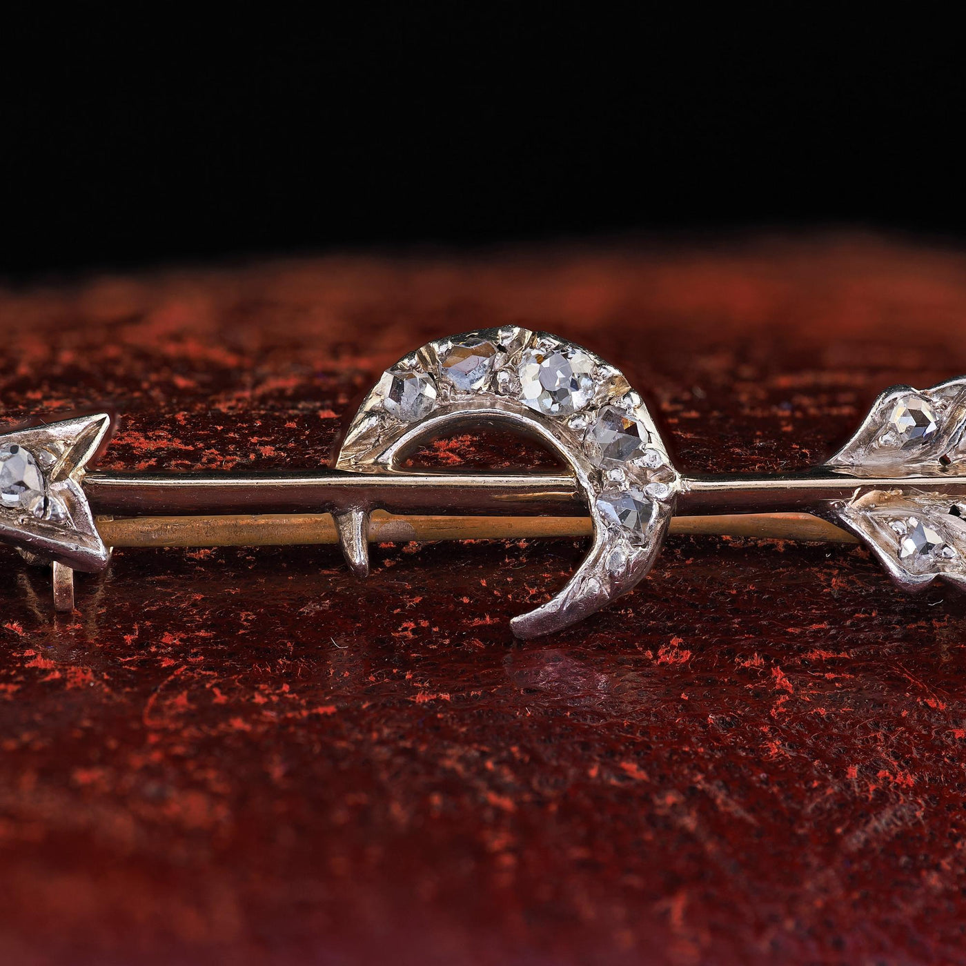 Antique Victorian 14K Gold and Silver Diamond Arrow and Crescent Pin Brooch