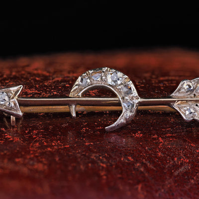 Antique Victorian 14K Gold and Silver Diamond Arrow and Crescent Pin Brooch