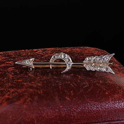 Antique Victorian 14K Gold and Silver Diamond Arrow and Crescent Pin Brooch