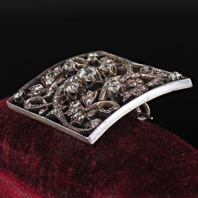 Antique Victorian 18K Gold and Silver Old Cut Diamond Floral Pin Brooch