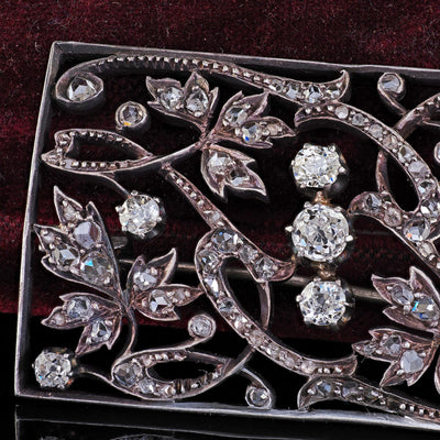 Antique Victorian 18K Gold and Silver Old Cut Diamond Floral Pin Brooch