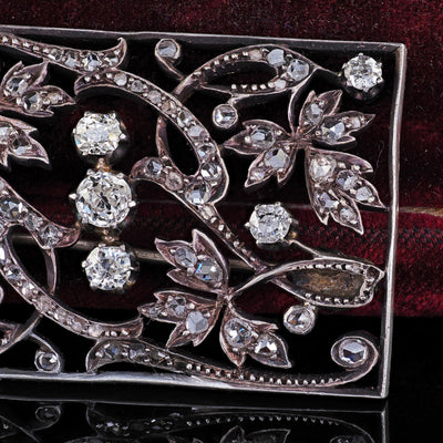 Antique Victorian 18K Gold and Silver Old Cut Diamond Floral Pin Brooch
