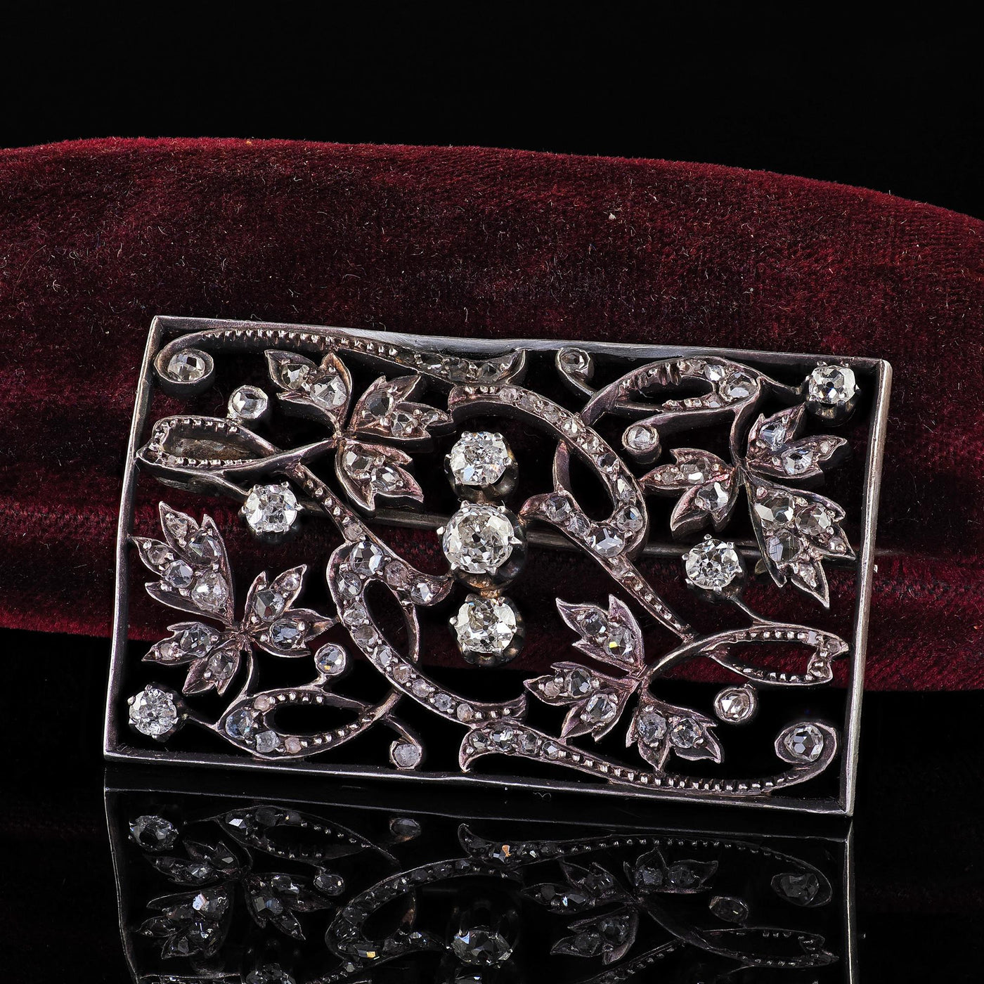 Antique Victorian 18K Gold and Silver Old Cut Diamond Floral Pin Brooch