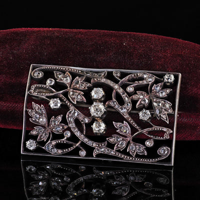 Antique Victorian 18K Gold and Silver Old Cut Diamond Floral Pin Brooch