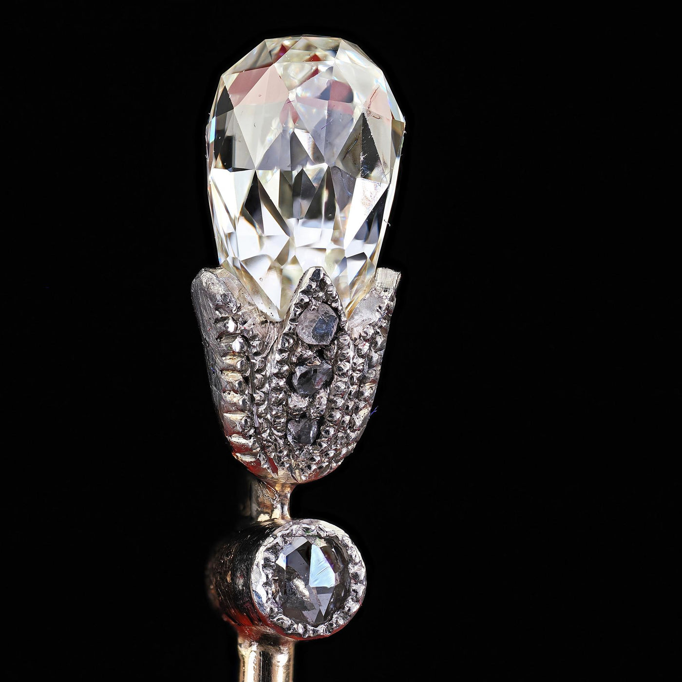 Antique Victorian 14K Yellow Gold and Silver Diamond Briolette Torch Stick Pin
