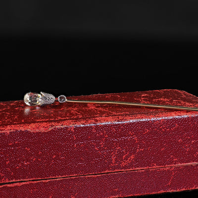 Antique Victorian 14K Yellow Gold and Silver Diamond Briolette Torch Stick Pin