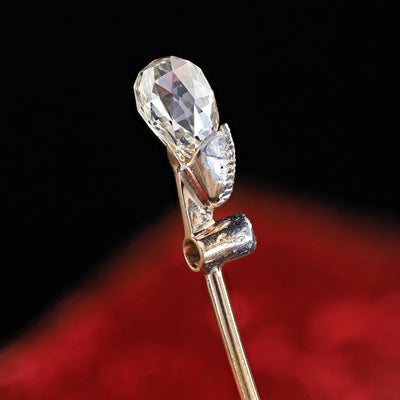 Antique Victorian 14K Yellow Gold and Silver Diamond Briolette Torch Stick Pin