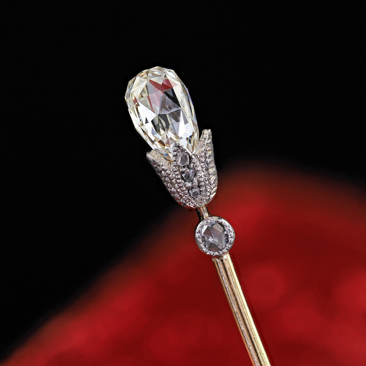 Antique Victorian 14K Yellow Gold and Silver Diamond Briolette Torch Stick Pin