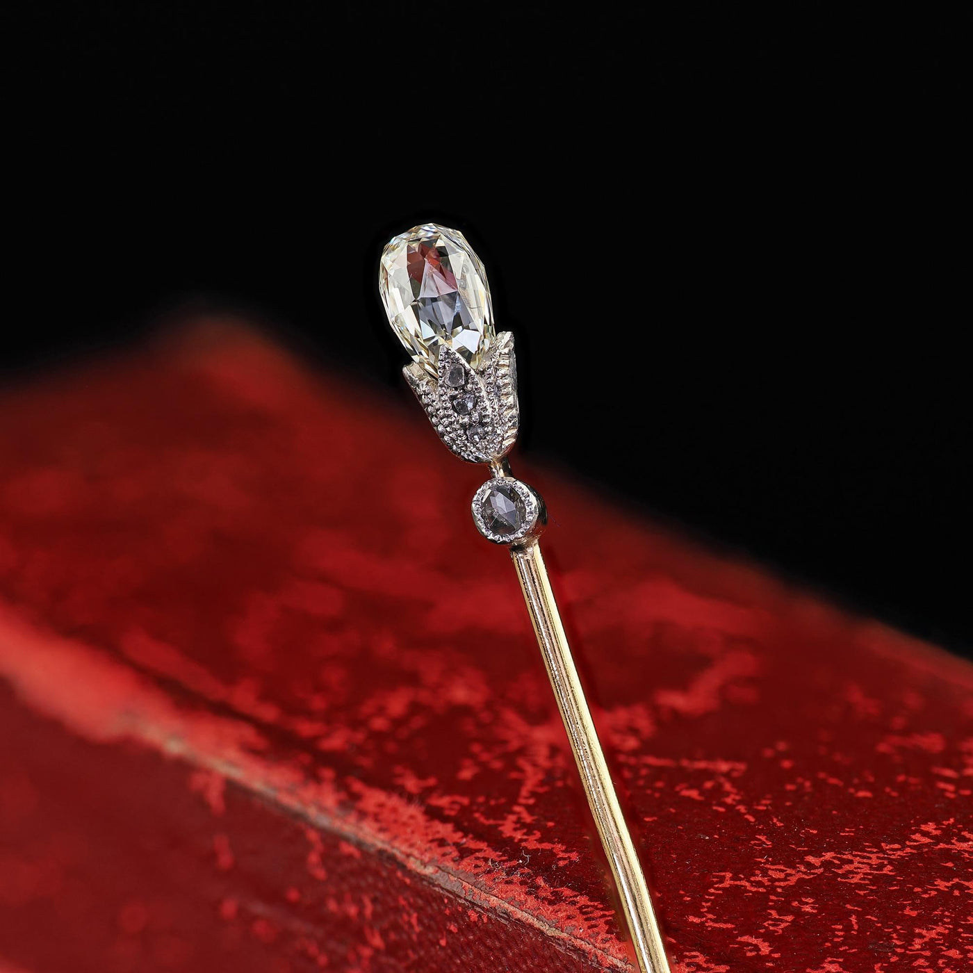 Antique Victorian 14K Yellow Gold and Silver Diamond Briolette Torch Stick Pin