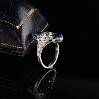 Antique Edwardian Platinum Diamond & Sapphire Shield Ring - Size 6 1/2