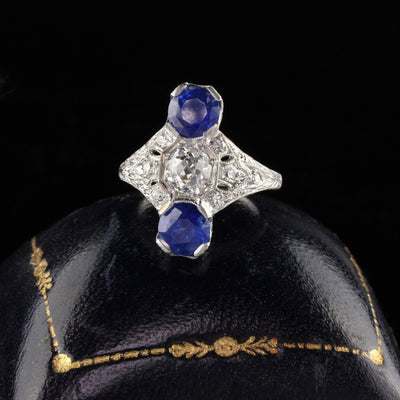 Antique Edwardian Platinum Diamond & Sapphire Shield Ring - Size 6 1/2