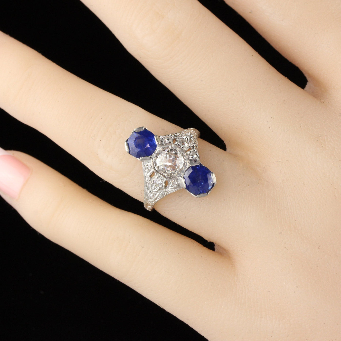 Antique Edwardian Platinum Diamond & Sapphire Shield Ring - Size 6 1/2