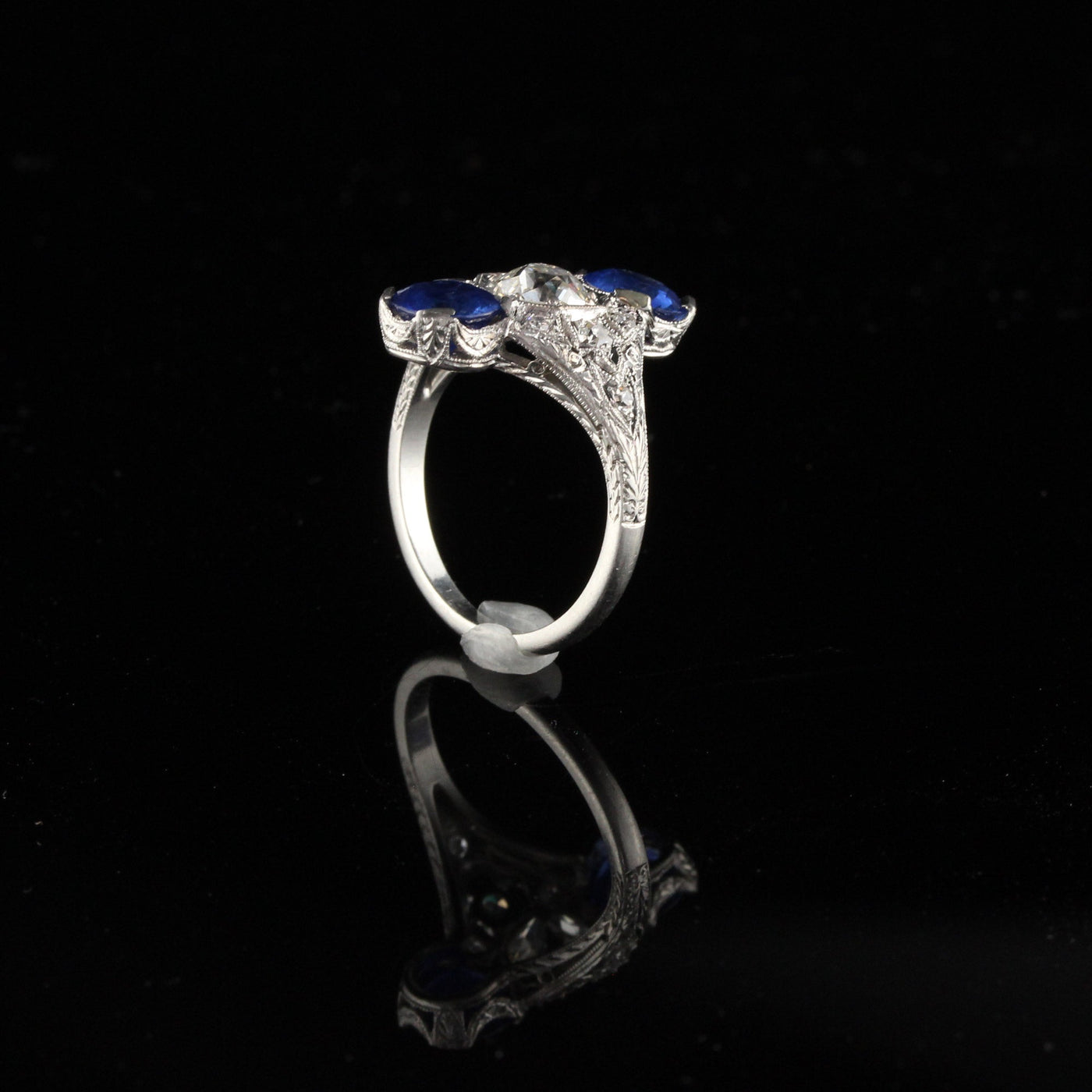 Antique Edwardian Platinum Diamond & Sapphire Shield Ring - Size 6 1/2