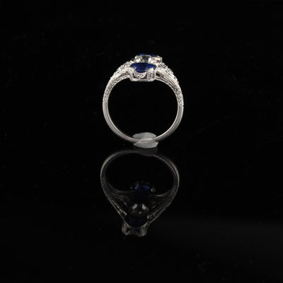 Antique Edwardian Platinum Diamond & Sapphire Shield Ring - Size 6 1/2