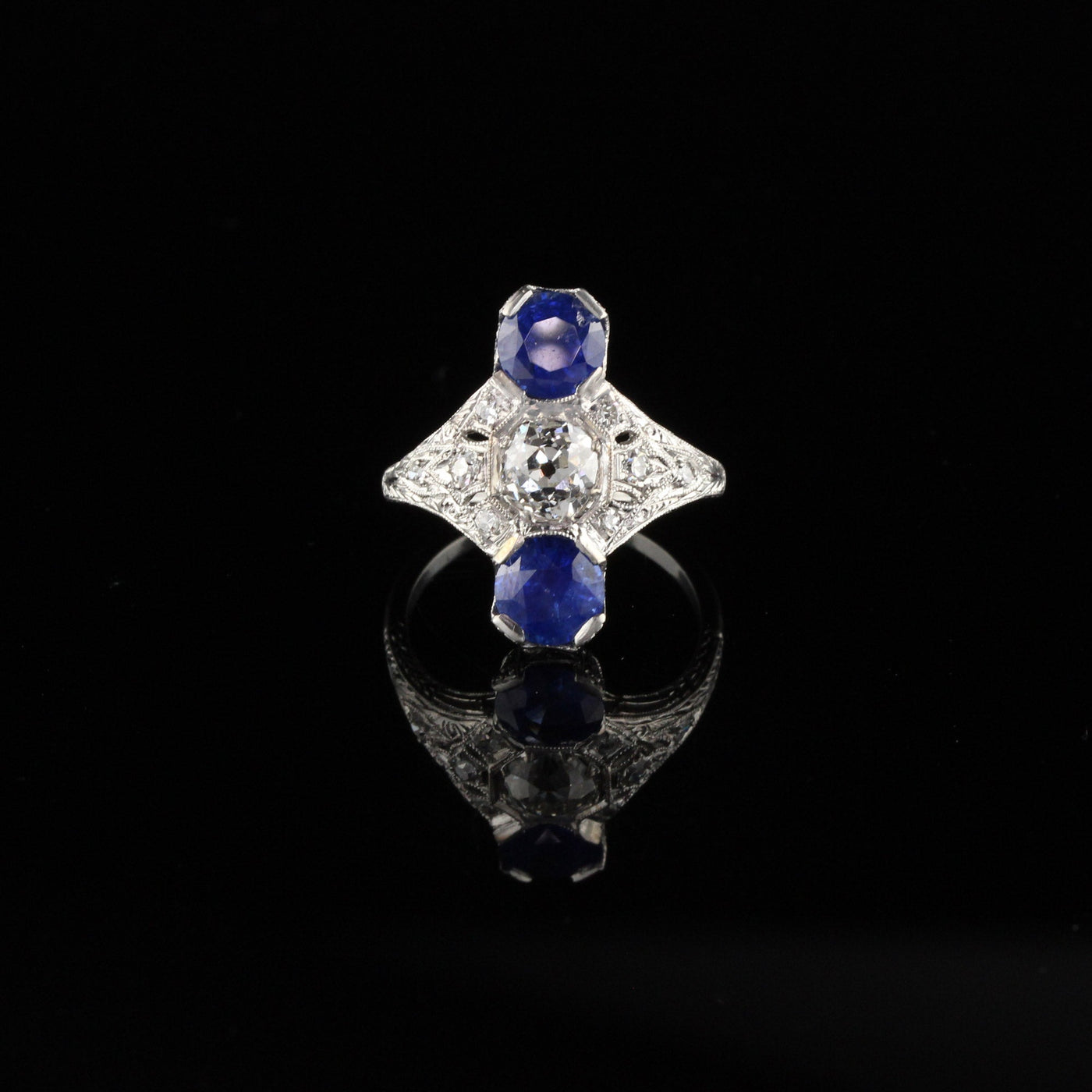 Antique Edwardian Platinum Diamond & Sapphire Shield Ring - Size 6 1/2