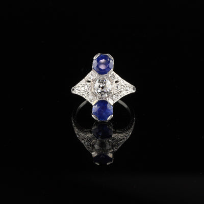 Antique Edwardian Platinum Diamond & Sapphire Shield Ring - Size 6 1/2