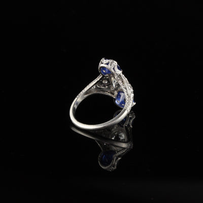 Antique Edwardian Platinum Diamond & Sapphire Shield Ring - Size 6 1/2