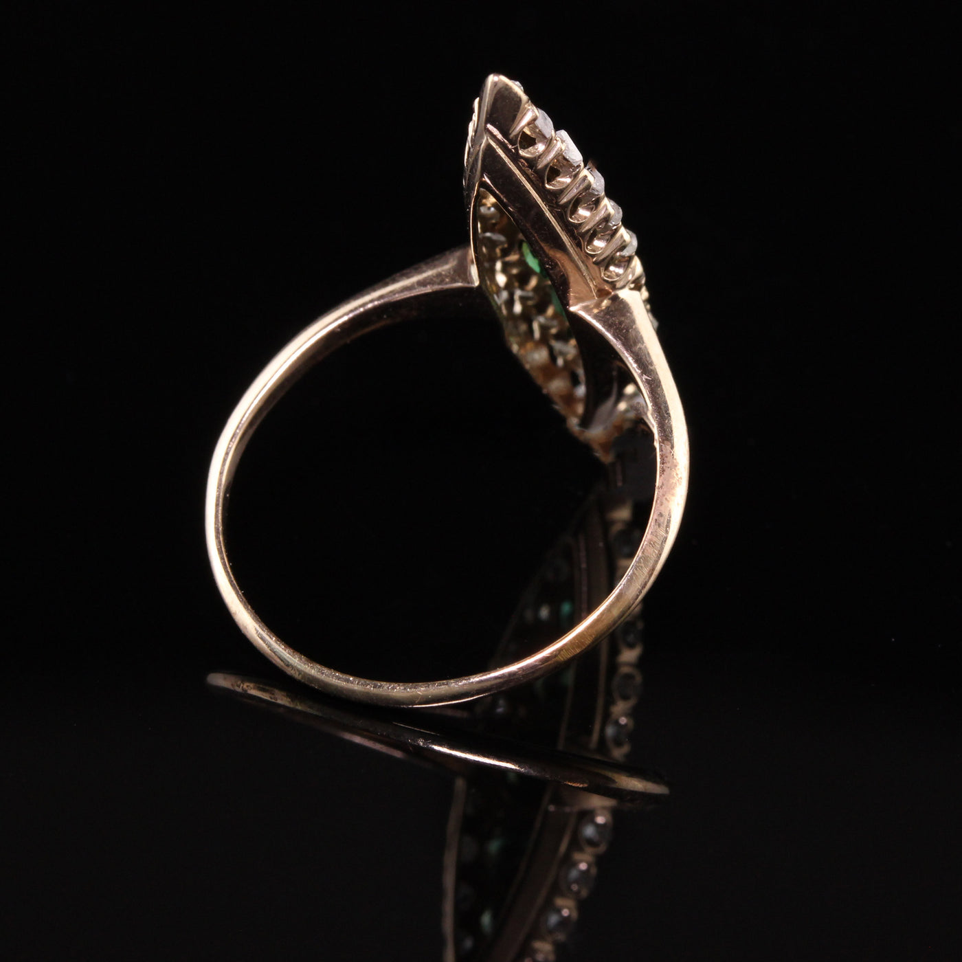 Antique Victorian 14K Rose Gold Rose Cut Diamond and Garnet Navette Ring