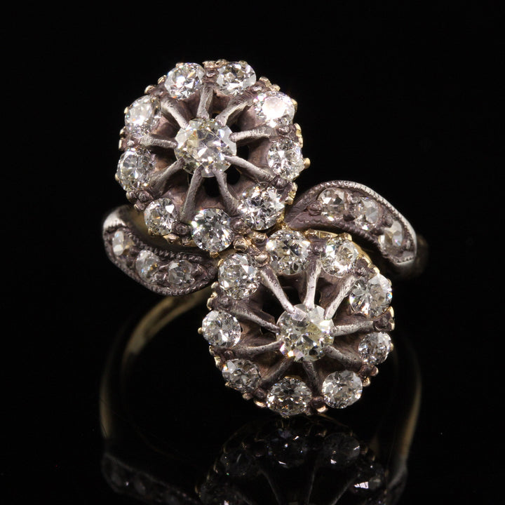 Bague Toi Et Moi Or 18k Diamants – Vintage Circa 1900 – Monture Enroulement Antique Taille 51