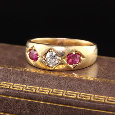 Antique Victorian 18K Yellow Gold Old European Diamond and Ruby Three Stone Ring