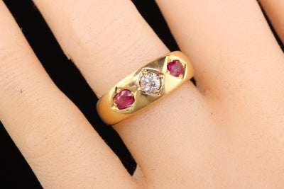 Antique Victorian 18K Yellow Gold Old European Diamond and Ruby Three Stone Ring