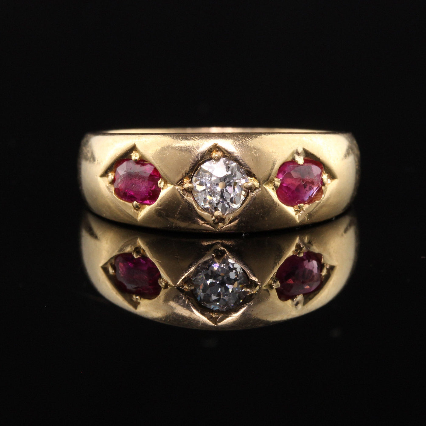 Antique Victorian 18K Yellow Gold Old European Diamond and Ruby Three Stone Ring