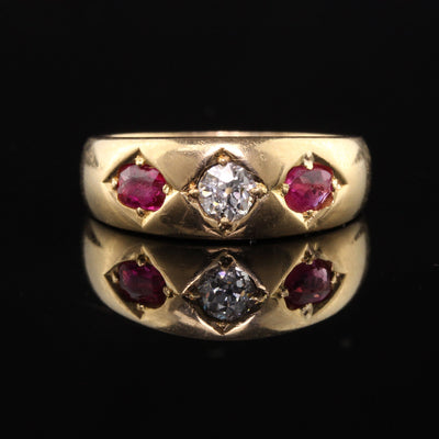 Antique Victorian 18K Yellow Gold Old European Diamond and Ruby Three Stone Ring