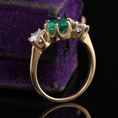 Vintage Retro 14K Yellow Gold Emerald and Diamond Three Stone Ring