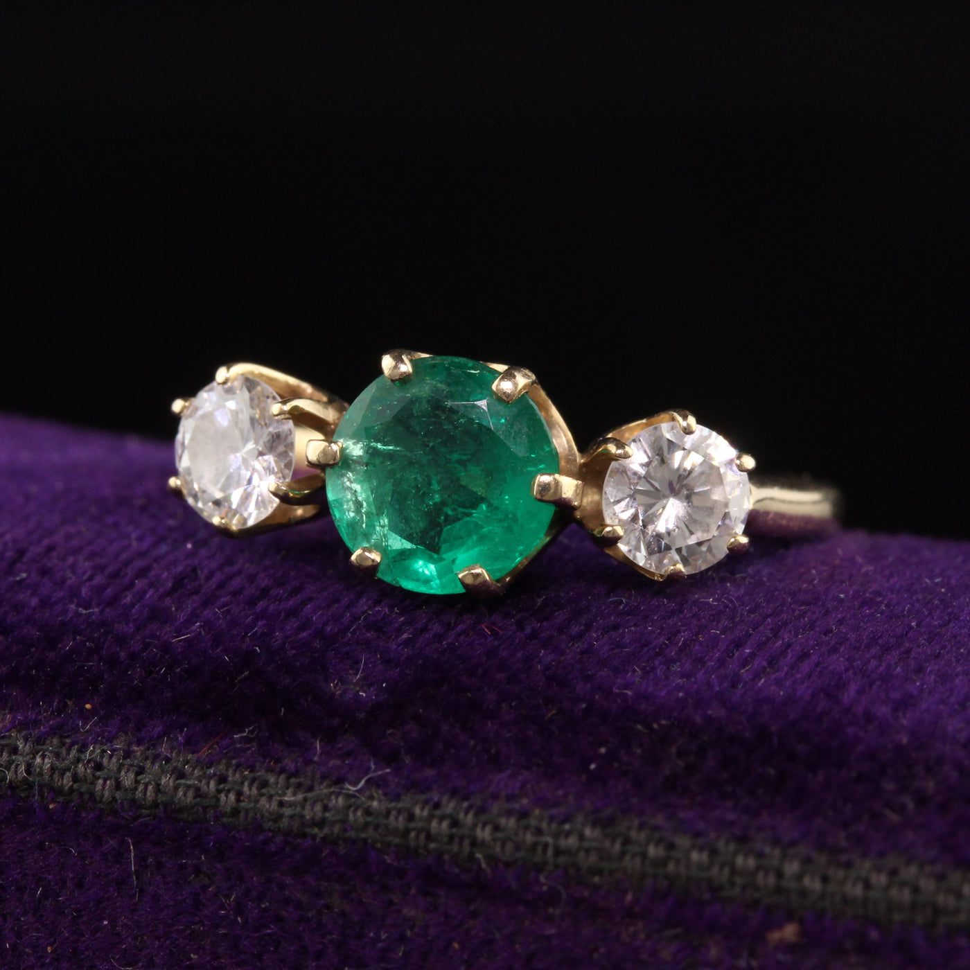 Vintage Retro 14K Yellow Gold Emerald and Diamond Three Stone Ring