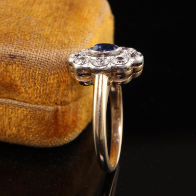 Antique Art Deco 14K Yellow Gold and Platinum Old Euro Diamond and Sapphire Ring