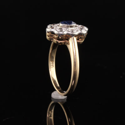 Antique Art Deco 14K Yellow Gold and Platinum Old Euro Diamond and Sapphire Ring
