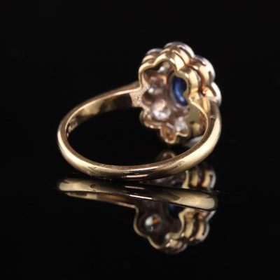 Antique Art Deco 14K Yellow Gold and Platinum Old Euro Diamond and Sapphire Ring