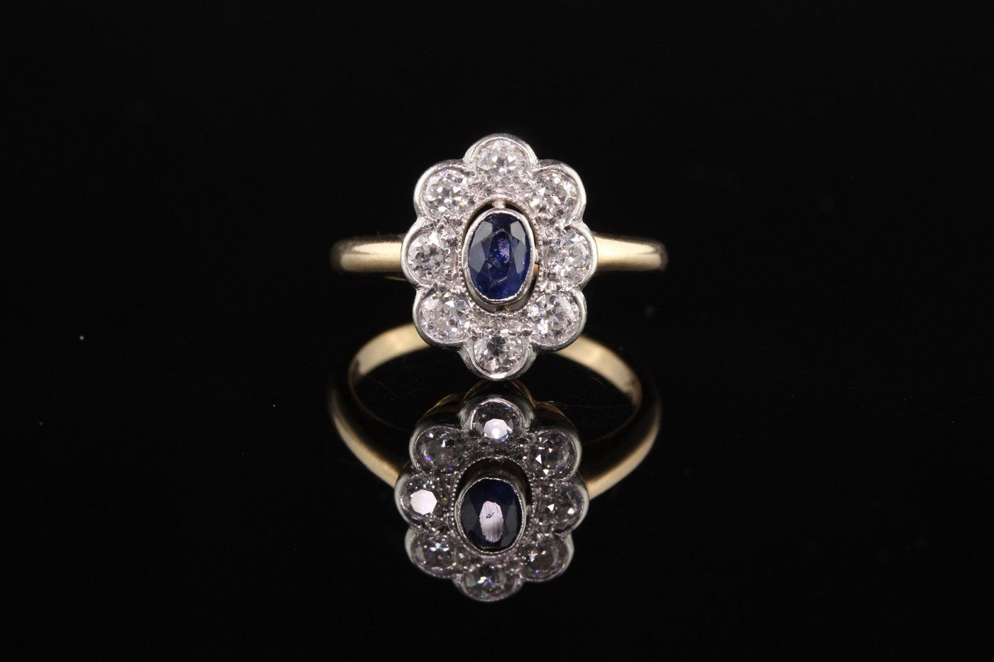 Antique Art Deco 14K Yellow Gold and Platinum Old Euro Diamond and Sapphire Ring