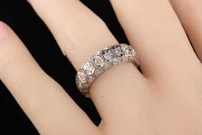 Antique Art Deco Platinum Old Euro and Rose Cut Three Row Eternity Band