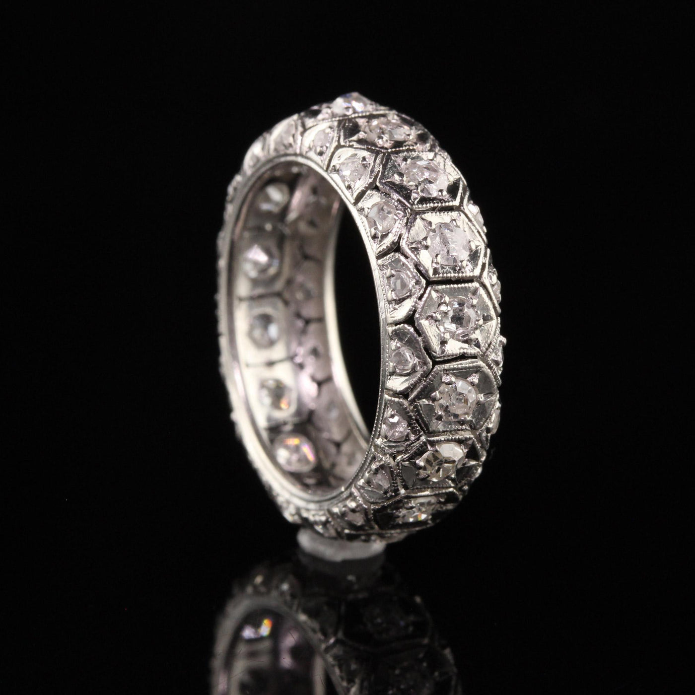 Antique Art Deco Platinum Old Euro and Rose Cut Three Row Eternity Band