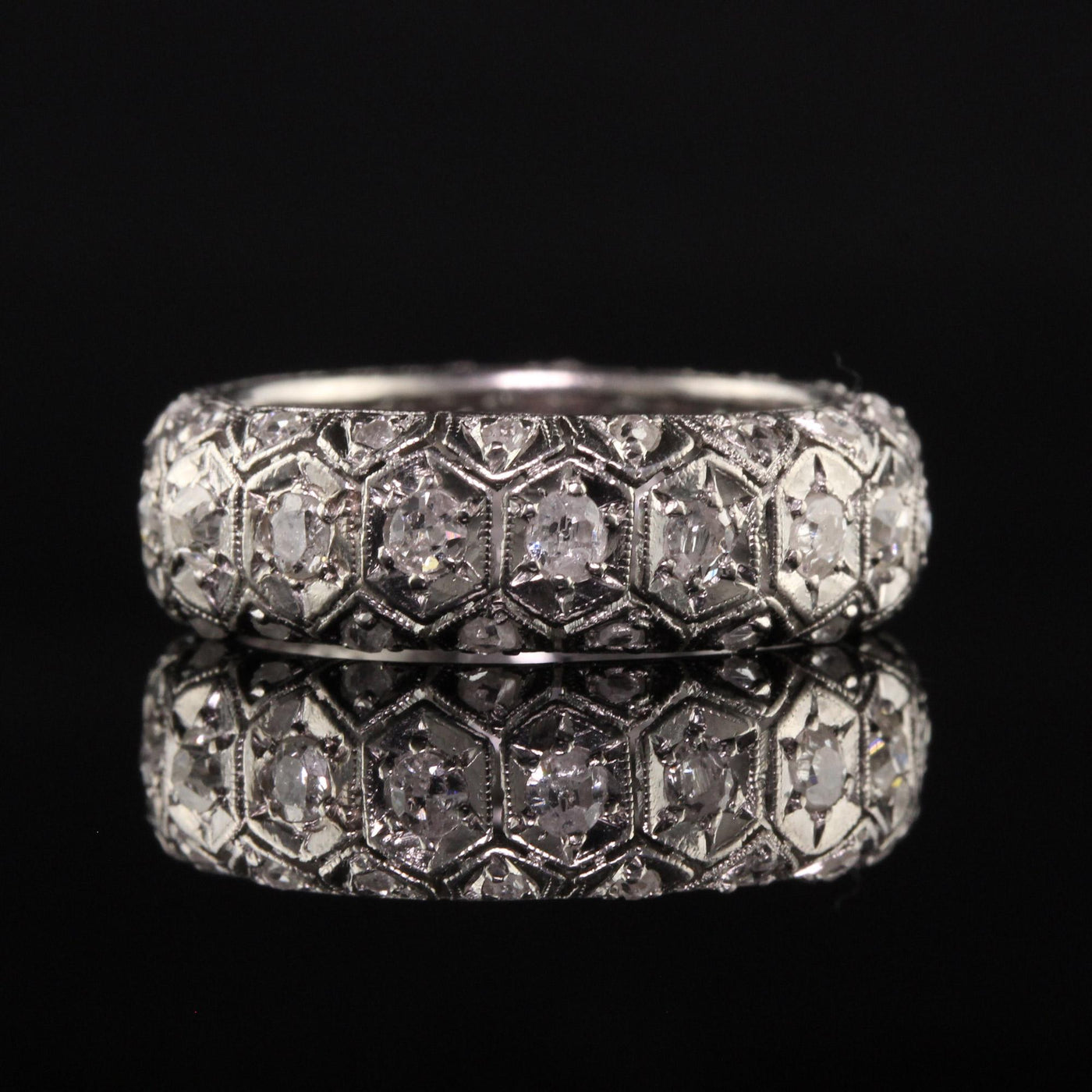 Antique Art Deco Platinum Old Euro and Rose Cut Three Row Eternity Band