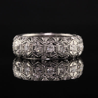 Antique Art Deco Platinum Old Euro and Rose Cut Three Row Eternity Band