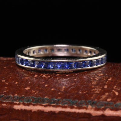 Vintage Retro 14K White Gold Square Cut Sapphire Wedding Eternity Band - Size 7