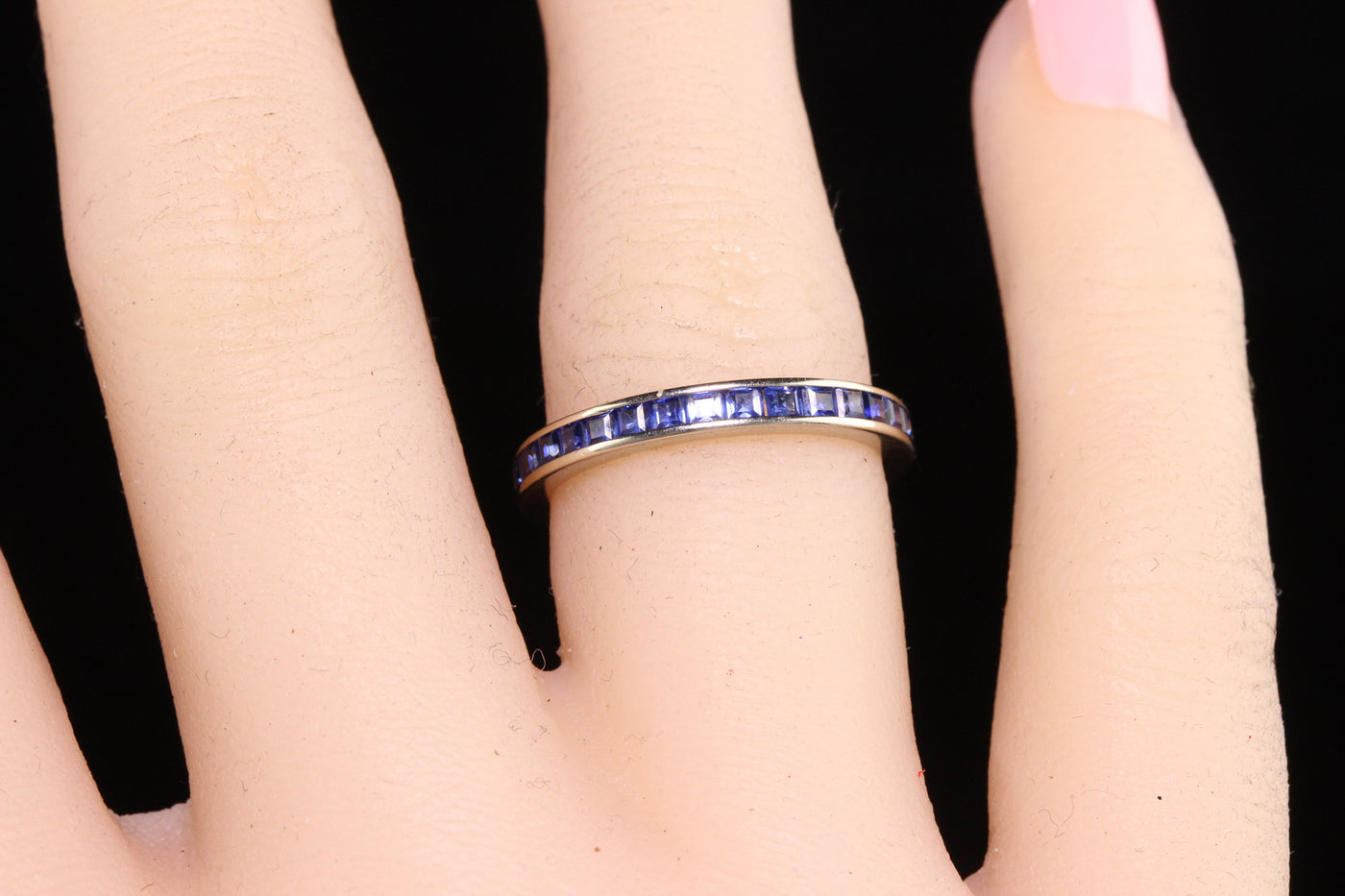 Vintage Retro 14K White Gold Square Cut Sapphire Wedding Eternity Band - Size 7