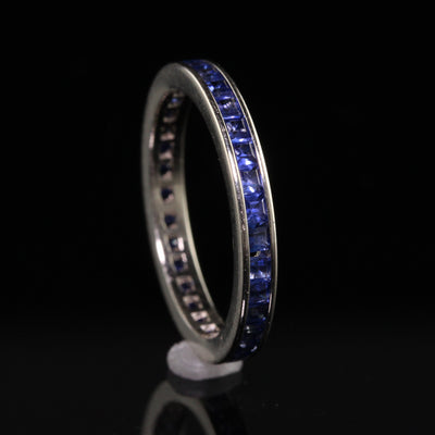 Vintage Retro 14K White Gold Square Cut Sapphire Wedding Eternity Band - Size 7