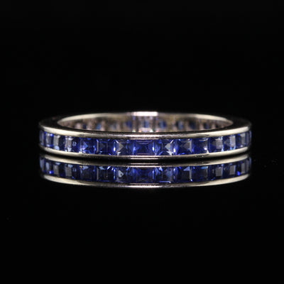 Vintage Retro 14K White Gold Square Cut Sapphire Wedding Eternity Band - Size 7