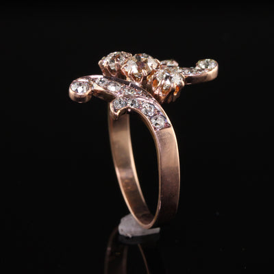 Antique Victorian 18K Rose Gold Old Mine Cut Diamond Floral Ring
