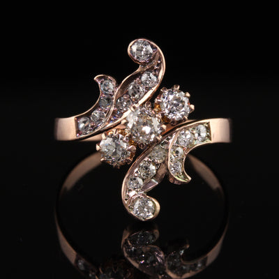 Antique Victorian 18K Rose Gold Old Mine Cut Diamond Floral Ring