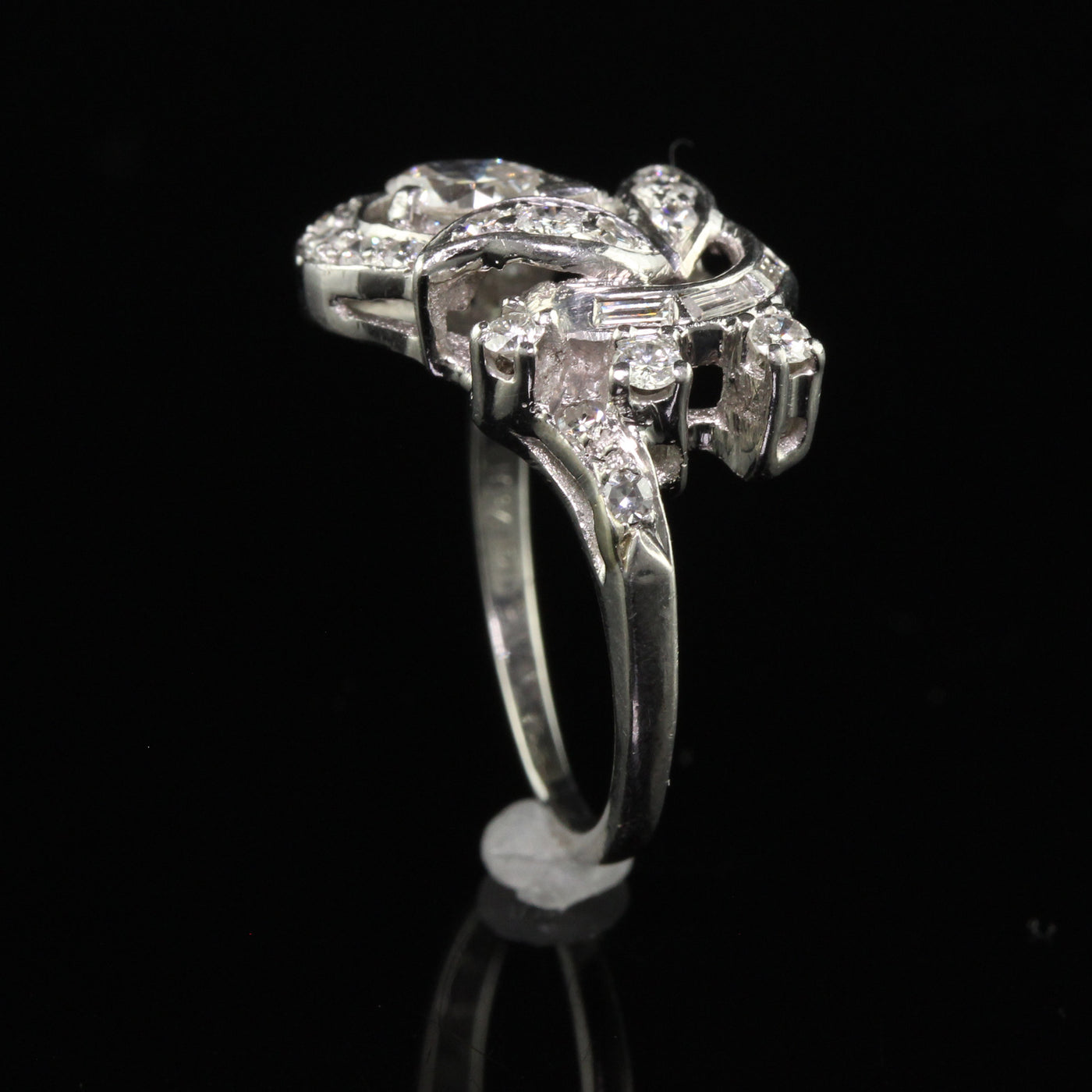 Vintage Retro Platinum Marquise Baguette Diamond Floral Cocktail Ring
