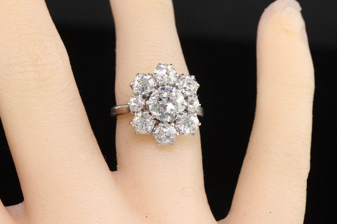 Vintage Estate French 18K White Gold Old Cut Diamond Cluster Engagement Ring - GIA