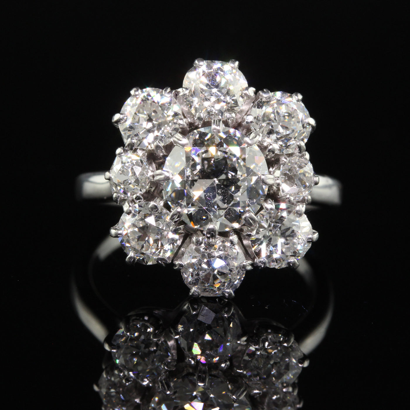 Vintage Estate French 18K White Gold Old Cut Diamond Cluster Engagement Ring - GIA